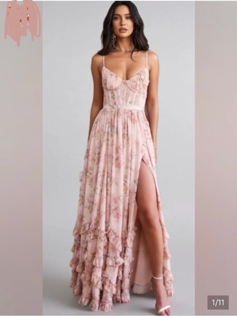 NWT Blush Pink Light Brown Floral Print Ruffle Corset Maxi Dress Size 8